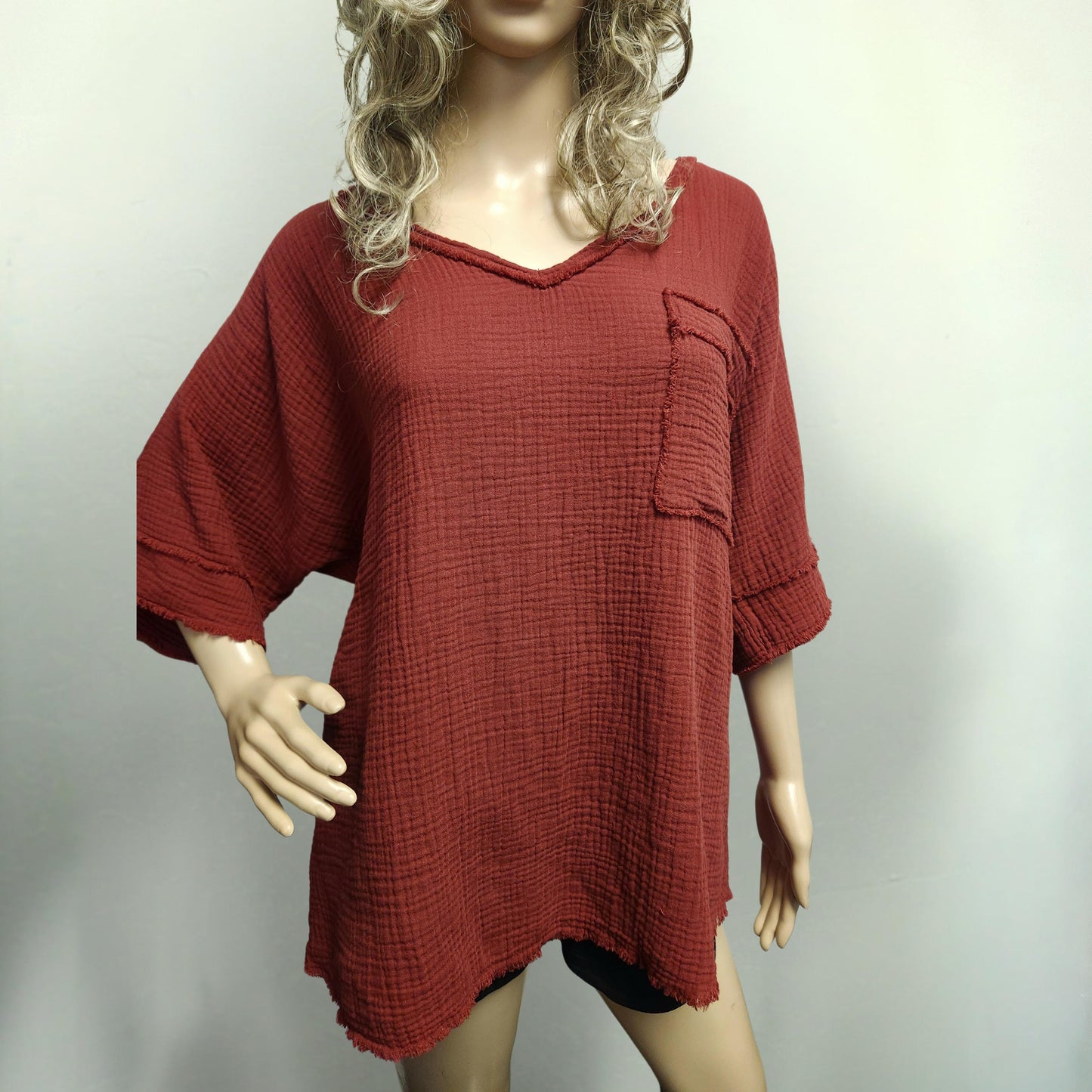 Cotton Gauze V-Neck Top: Lightweight Summer Shirt, Front Pocket - Made in USA - FALL COLORS