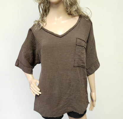 Cotton Gauze V-Neck Top: Lightweight Summer Shirt, Front Pocket - Made in USA - FALL COLORS