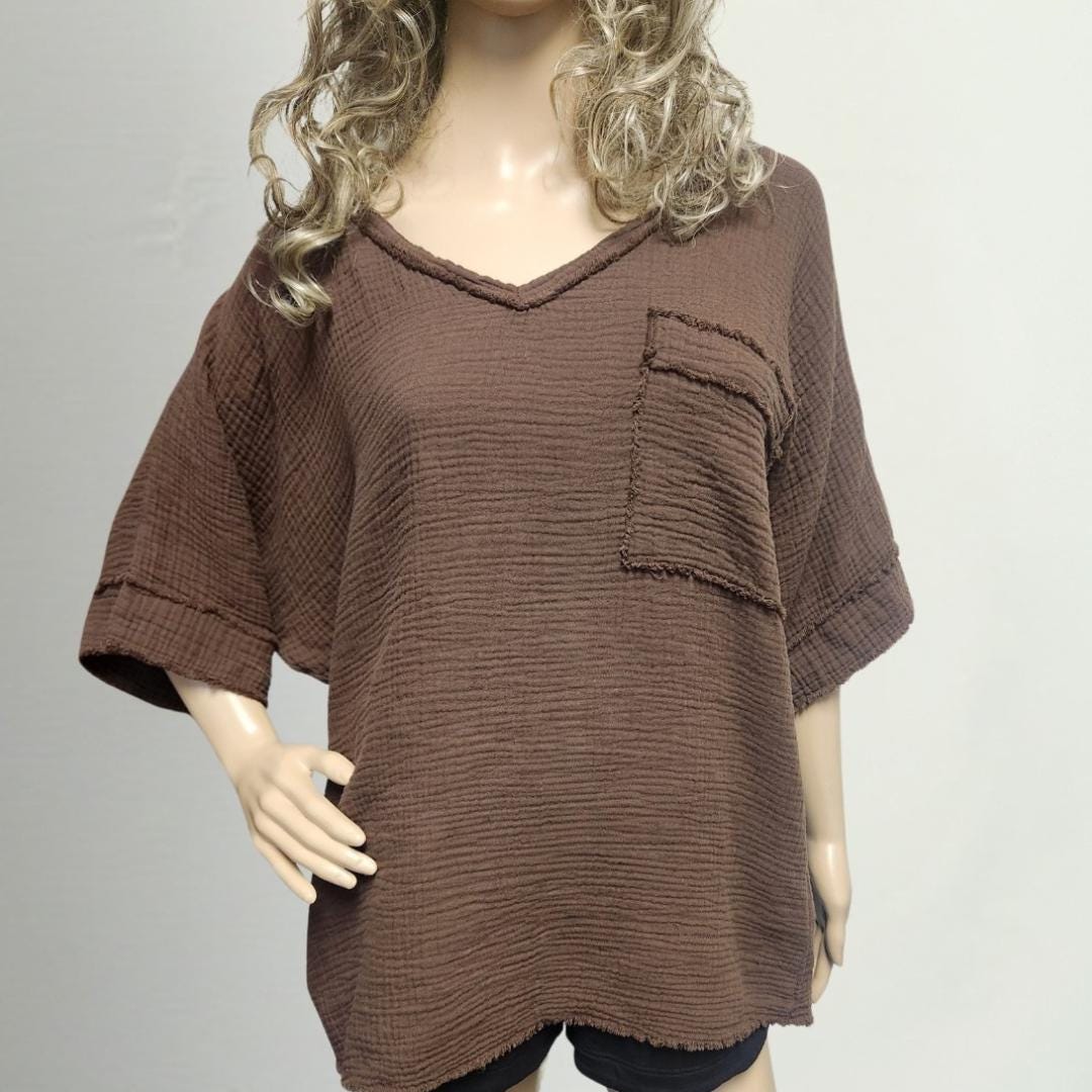 Cotton Gauze V-Neck Top: Lightweight Summer Shirt, Front Pocket - Made in USA - FALL COLORS