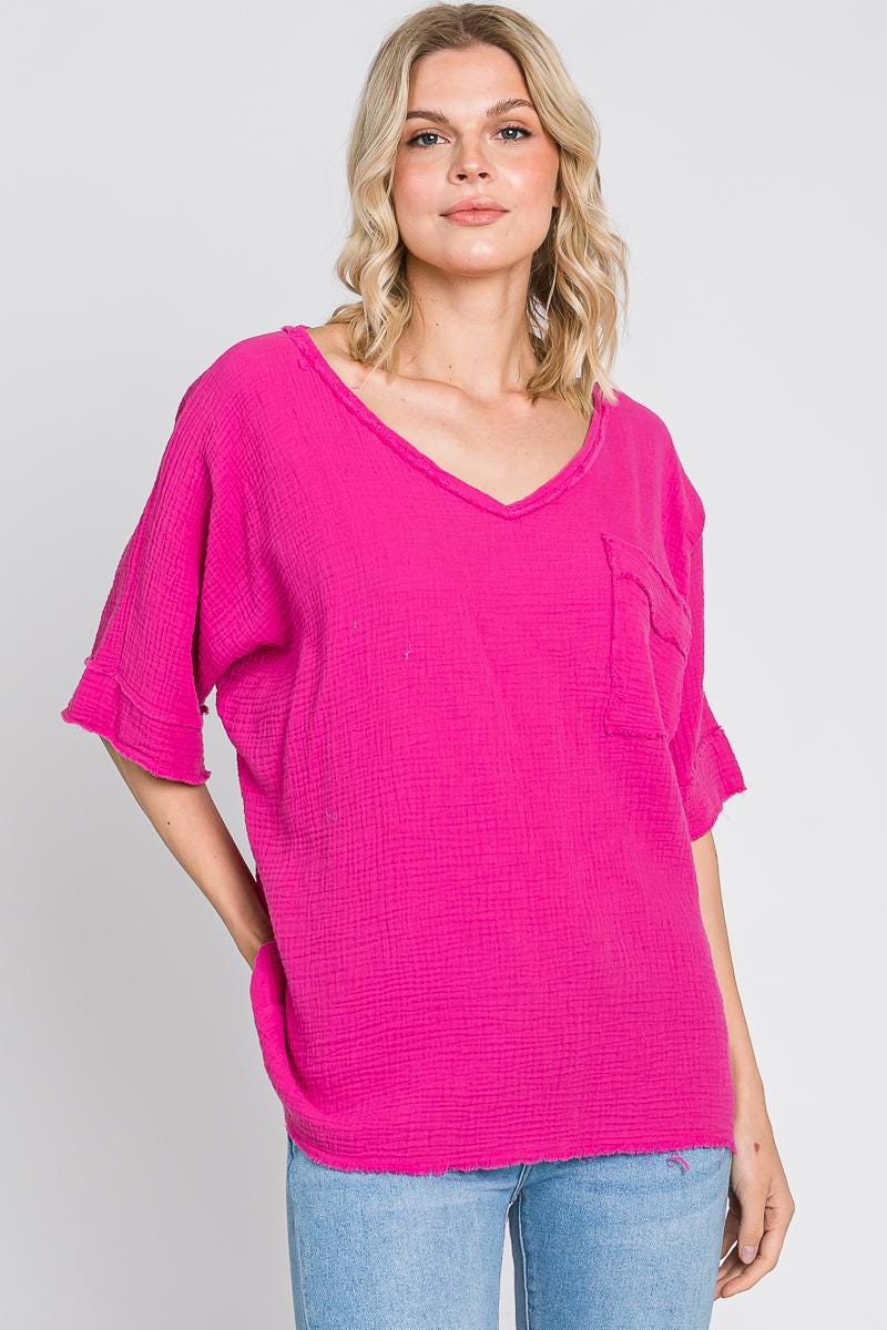 Cotton Gauze V-Neck Top: Lightweight Summer Shirt, Front Pocket - Made in USA - FALL COLORS