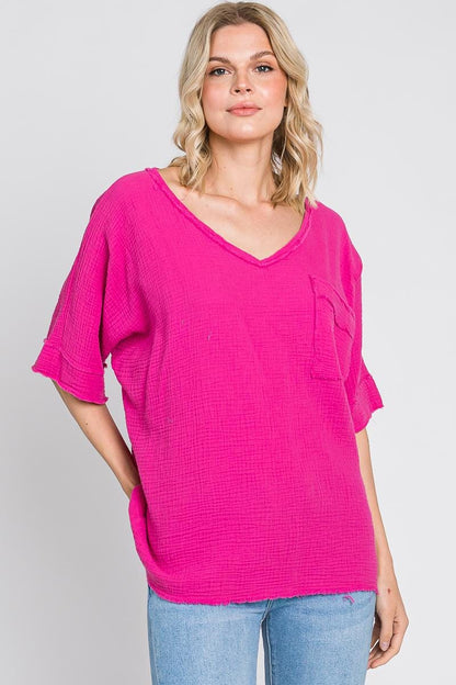 Cotton Gauze V-Neck Top: Lightweight Summer Shirt, Front Pocket - Made in USA - FALL COLORS